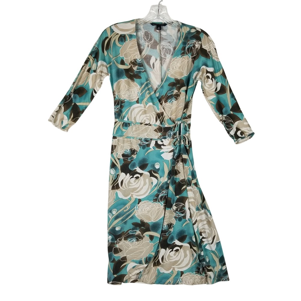 Banana Republic Wrap Dress Womens XS Teal Floral Silk Cotton 3/4 Sleeve V-Neck